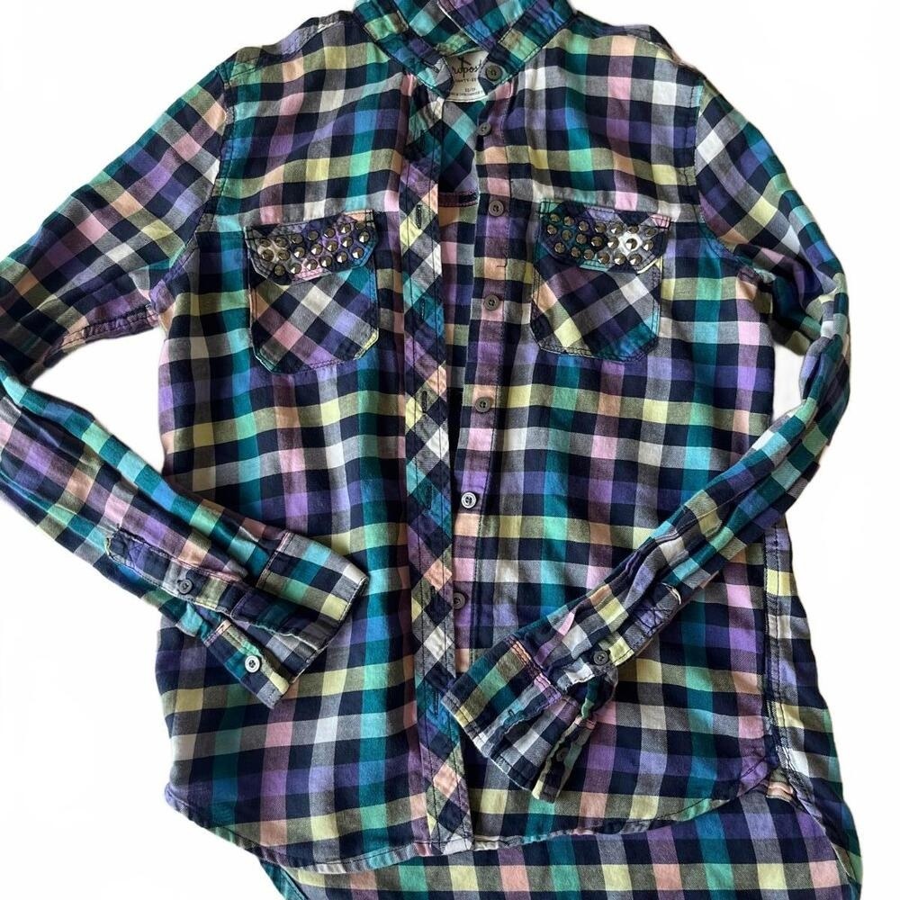 Aeropostale Colorful Plaid Buttonup Long Sleeve Sequin Pocket Shirt Womens XS